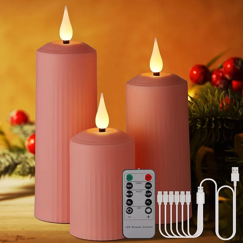 Besuche den Porashine-Store Poraschine Wiederaufladbare LED Kerzen mit 10-Tasten Fernbedienung, Outdoor Wasserdichte Flammenlose Kerzen mit 6, 8H Timer, Römische Stumpenkerze im 3, 6er Set Elfenbein, Type-C (rosa-3er) — Kerzenlicht Abendessen