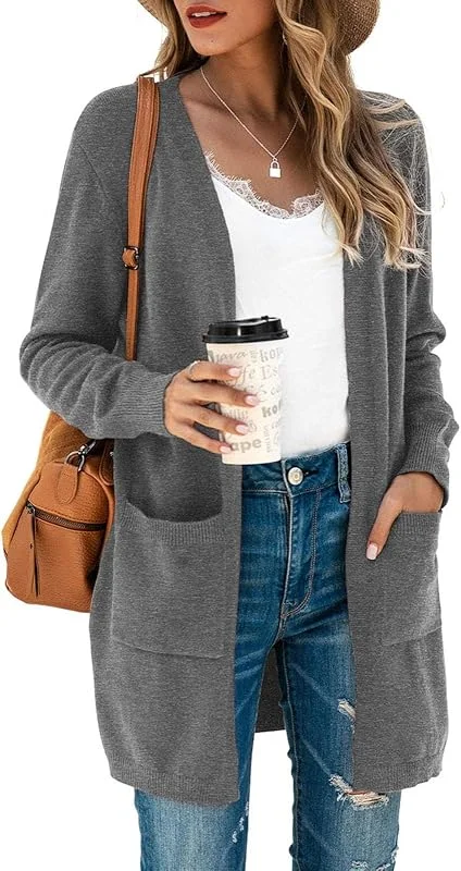 Besuche den Saodimallsu-Store Saodimallsu Strickjacke Damen Lang Leicht Cardigan Langarm Open Front Strickpullover Einfarbig Freizeit Strickmantel Outerwear mit Tasche — Weihnachtsmode