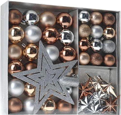 Besuche den Spetebo-Store Spetebo Weihnachtsbaumschmuck Set - 45 teilig in Metalltönen (Kupfer, Silber, Gold etc.) - 36 Kugeln, Weihnachtsbumspitze, Dekosterne und Kette — Weihnachtsdeko