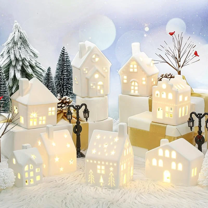 Marke: Cindeer Cindeer 26 Stück Keramik Weihnachtsdorf Set 8 LED Weihnachtshäuser 16 Weihnachtsbäume für Bauernhof 2 Straßenlaterne Weihnachten Szenerie Deko Weiße Porzellan Weihnachtsdeko Figuren für Tisch