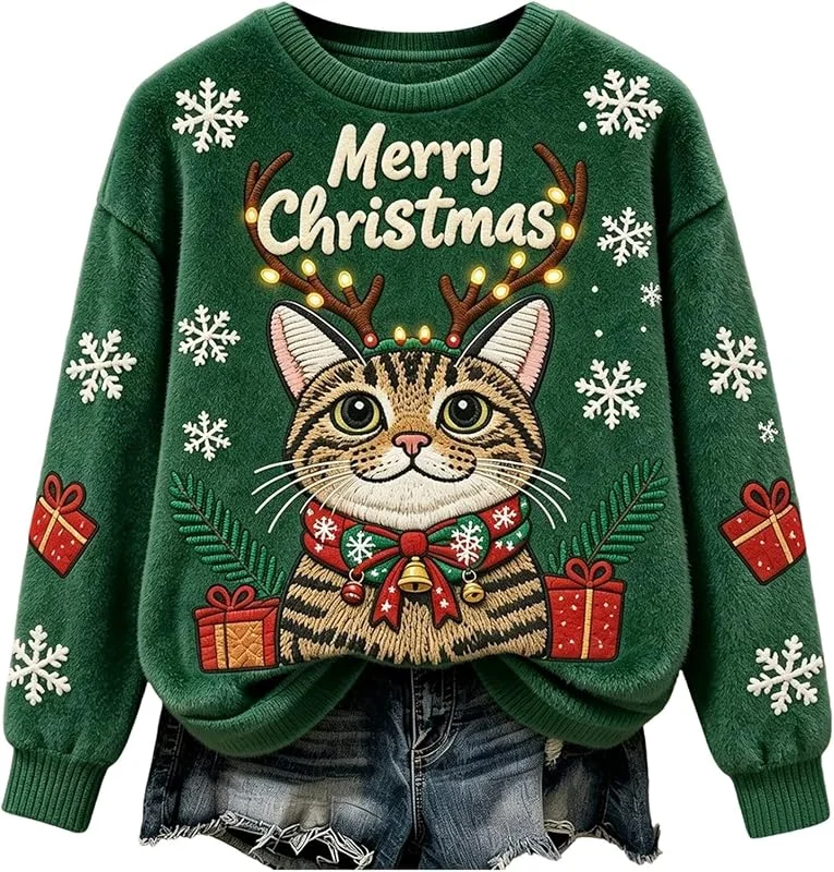 Marke: Generic Damen Weihnachtspullover mit Weihnachtskatze mit Geschenken und Schriftzug, aus Polyester-Fleece, für Advent, Wichteln und Tierliebhaberinnen, femininer Weihnachtspullover — Weihnachtsmode