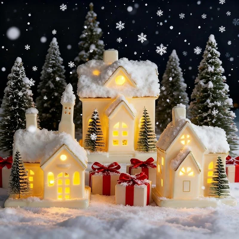 Marke: GARKALY Timer: Weiße Keramik-Weihnachtsdorfhäuser, 3-teiliges beleuchtetes Weihnachtsdorf-Set mit 4 Bäumen, LED-beleuchtete Tisch-Hausfiguren für Heimdekoration, Winterurlaub, Weihnachtsgeschenk — Weihnachtsdeko