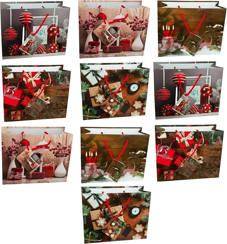 Besuche den HRB-Store HRB Geschenktüten 10 Stück für Weihnachten, stabile Weihnachtstüten, 18 x 23 x 10 cm, weihnachtliche Geschenkverpackung (Braun, Rot, Medium)