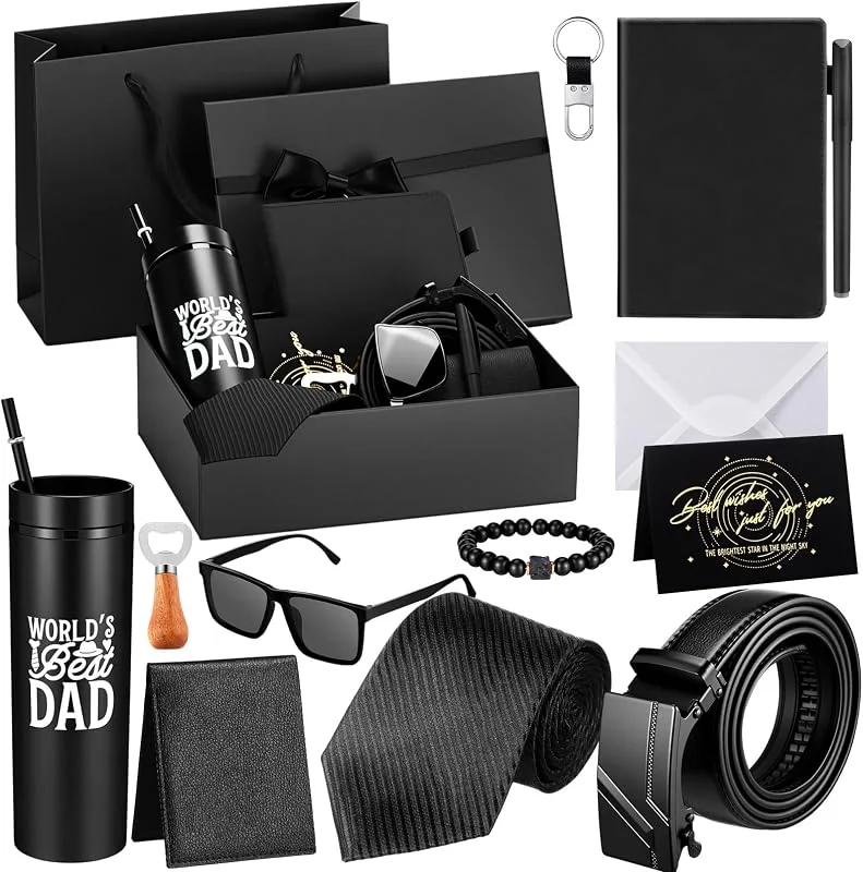Marke: Tioncy Tioncy 12-teiliges Herren-Geburtstags-Geschenk-Set mit Box, Korb, Becher, Holz, Flaschenöffner, PU-Leder, Geldbörse, Krawatte, Gürtel, Schlüsselanhänger, Sonnenbrille, Stift, Tagebuch, Geschenkbox und — Wein und Festtafel