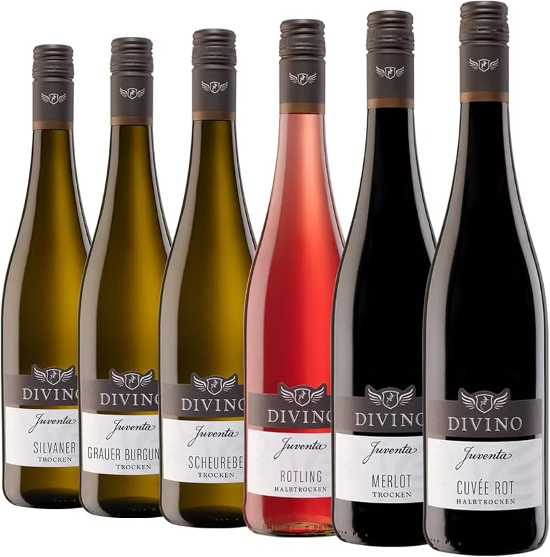 Besuche den DIVINO-Store DIVINO Juventa Frankenwein Probierpaket - Silvaner, Grauer Burgunder, Scheurebe, Rotling, Merlot, Cuvée - Qualitätsweine direkt aus den Weinbergen Frankens (6 x 0, 75l) — Wein und Festtafel