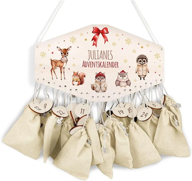 Besuche den GRAVURZEILE-Store GRAVURZEILE Adventskalender aus Holz - Waldtiere - Personalisiert mit Namen - DIY Adventskalender für Kinder - Optional mit Leinensäckchen - Weihnachtsdeko für Kinderzimmer — Advent und Tisch