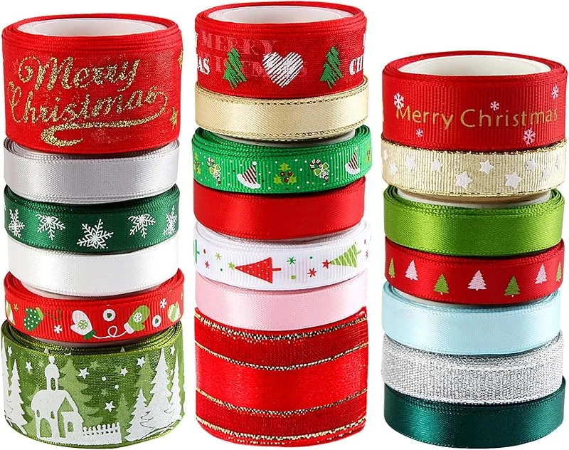 Marke: SANNIX SANNIX 20 Stück 3 Größen Weihnachtsbänder für Bastelarbeiten, Urlaub, bedruckte Ripsband-Organza-Satinbänder, metallische Glitzer-Stoffbänder, Bulk-Geschenkverpackungsschleife (20 x 2 m)