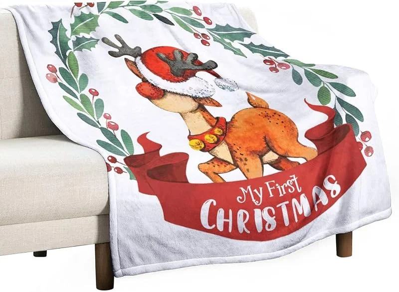 Marke: Generic Decke Sofa Überwurf Weihnachtskranz Tier Hirsch My First Christmas Blanket Bedding for Bed Couch Xmas Holiday Decor Soft And Comfortable Throw Blanket Flanell Blankets Throw Blanket 130x150cm — Weihnachtsdeko