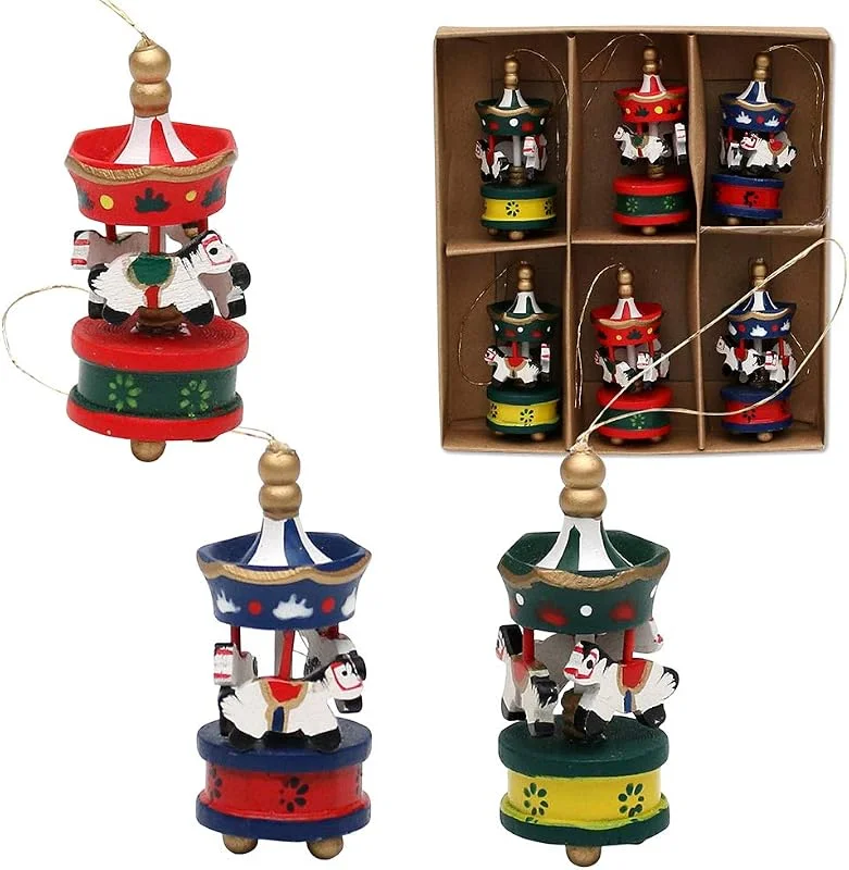 Besuche den Dekohelden24-Store Holzbaumbehang als 6er Set, Motiv: Karussell, ca. 6 cm — Weihnachtsdeko