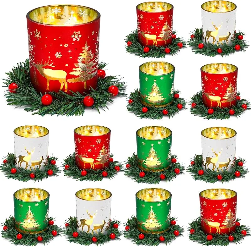 Marke: Nuanchu Nuanchu 12 Set Weihnachten Glas Votivkerzenhalter Dekoration Teelichter Kerzenhalter mit roten Beerenringen für Couchtisch Tischdekoration Weihnachten Zuhause — Kerzenlicht Abendessen