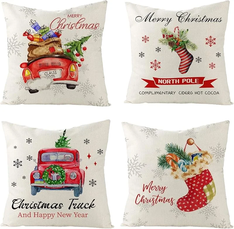 Besuche den AMDXD-Store AMDXD 4 Pcs Weihnachten Kissenbezug Set 45x45cm, Kissenhüllen Weihnachtsstrumpf Merry Christmas Muster, in Leinen, für Wohnzimmer Schlafzimmer Büro Sofa Dekor, Rot Weiß — Weihnachtsdeko