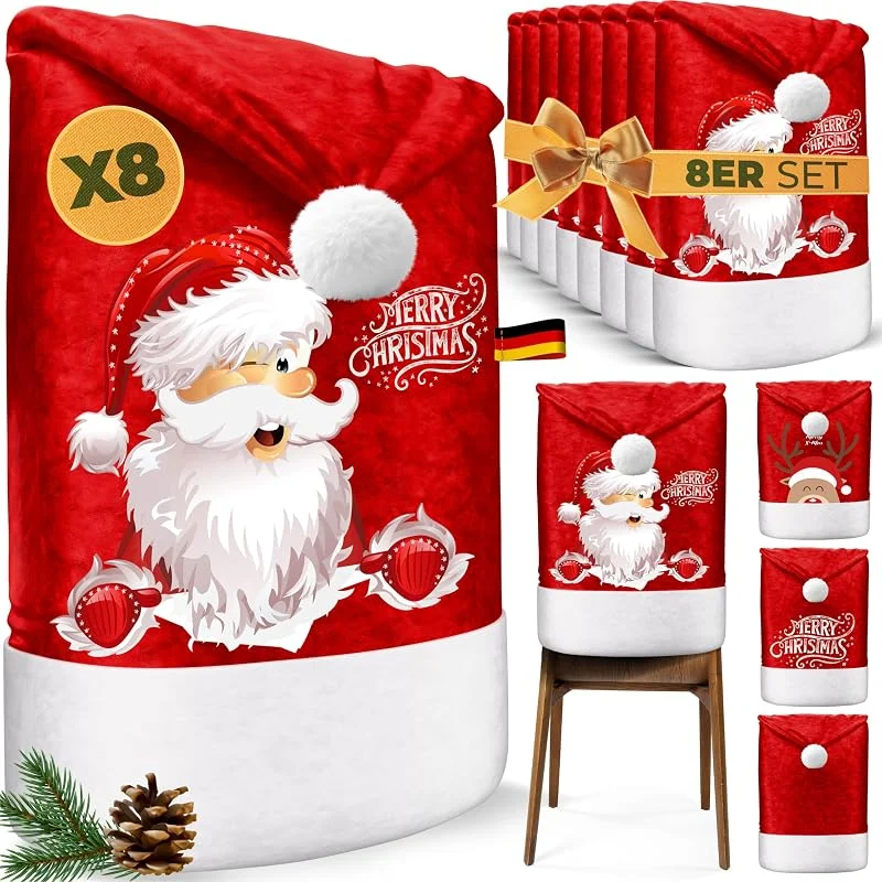 Besuche den KESSER-Store KESSER® Premium Weihnachtsstuhlüberzug 8er Set Stuhlhussen für Weihnachten Nikolausmütze Stuhlbezug Husse Weihnachtsdeko für Stühle Überzieher - Stuhlabdeckung im weihnachtlichen Design — Advent und Tisch
