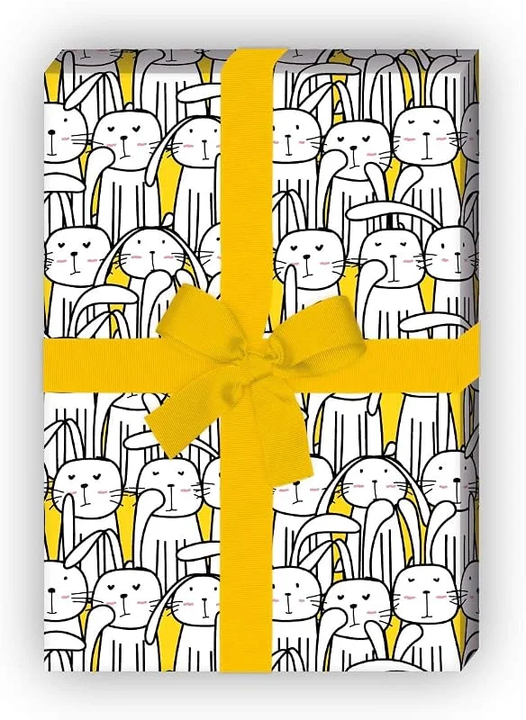 Besuche den Kartenkaufrausch-Store Kartenkaufrausch Lustiges Oster Geschenkpapier Set 4 Bogen, "die Hasenversammlung ", gelb, für tolle Geschenkverpackung 32 x 48cm, zu Ostern Weihnachten Geburtstag, universal Geschenkpapier