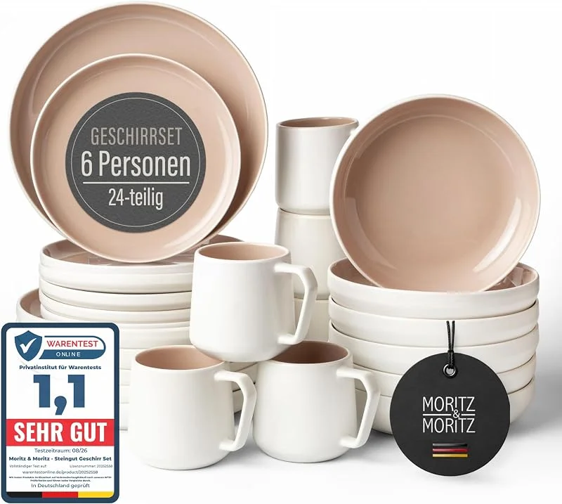 Besuche den Moritz & Moritz-Store Moritz & Moritz Steingut Geschirrset 6 Personen mit Tassen 24-tlg. - Modernes Tafelservice in der Farbe Almond - Pflegeleichtes Kombiservice mit Teller Set, Schüsseln & Tassen - Serie Cavo — Advent und Tisch