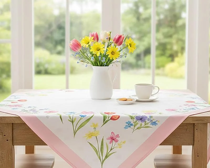 Besuche den KAMACA-Store KAMACA Mitteldecke Blumenwiese – 80x80 cm Tischdecke für Frühling und Sommer – Florales Druck-Motiv für Haus und Garten – Waschbare Mitteldecke bunt mit rosa Rand — Küche & Haushalt