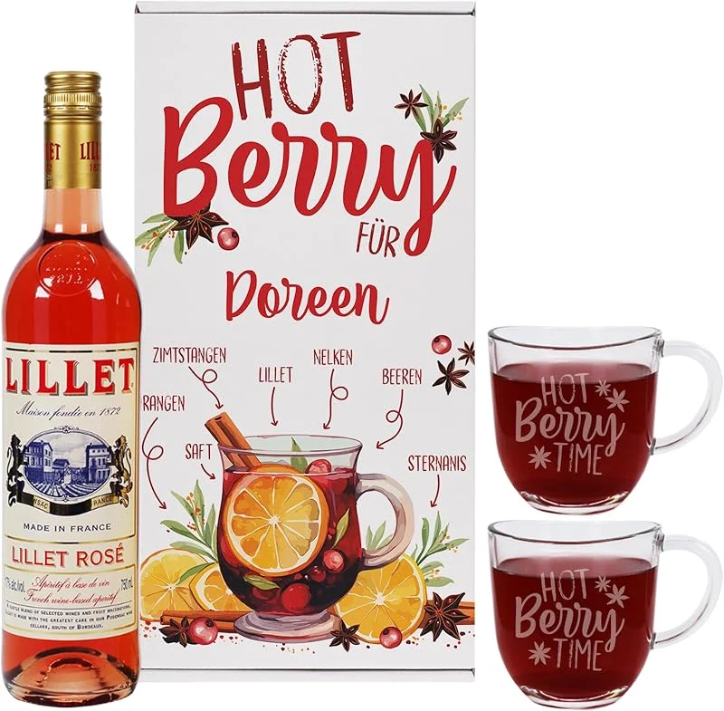 Besuche den Herz & Heim-Store Herz & Heim® Lillet Geschenkset "Hot Berry" mit zwei gravierten Gläsern, einer Geschenkbox und einer Flasche Lillet (0.75l, Rosé) — Geschenkverpackung
