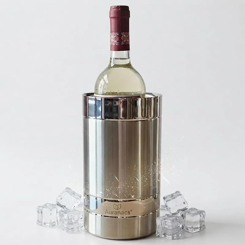 Marke: Auranacs Chably, Exklusiver Isolierter Flaschenkühler, Edelstahl gebürstet mit polierten Ringen, Isolierter Weinkühler, Eleganter Champagnerkühler, Sektkühler Ø 12 cm, für Partys, Gastro & Zuhause — Wein und Festtafel