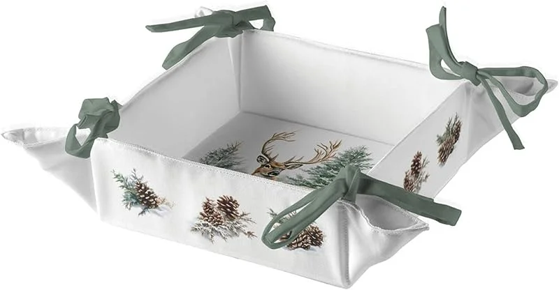 Besuche den Ambiente-Store Ambiente Brotkorb Baumwolle 20 x 20cm mit Hirsch Winterwald Weiß Grün — Advent und Tisch