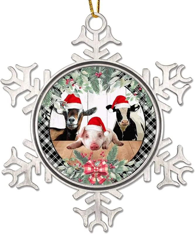 Marke: CowkissSign Weihnachtsbaum-Tier, Kuh, Schwein, Weihnachtsschmuck, 7, 6 cm, Metall, Schneeflocke, Weihnachtsschmuck, Grau, Schwarz kariert, Weihnachtskranz, Weihnachtsbaumschmuck für Vater, Mutter, Frauen, Herren — Weihnachtsdeko