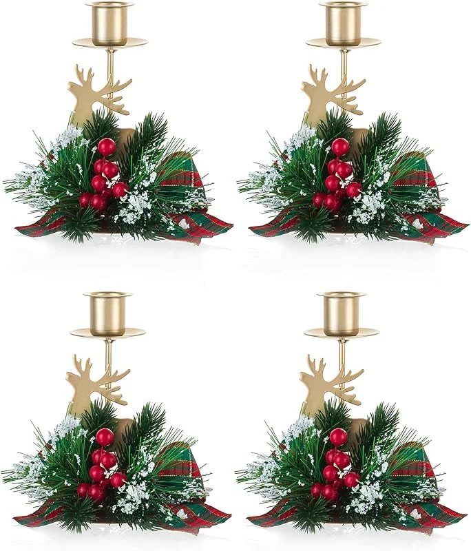 Besuche den Romadedi-Store Romadedi Kerzenhalter Weihnachtsdekoration: Gold Rentier Kerzenständer Rote Beeren Dekoration für Kegeltisch Mittelstück Festliche Ornamente Kaminsims Home Set von 4 — Kerzenlicht Abendessen