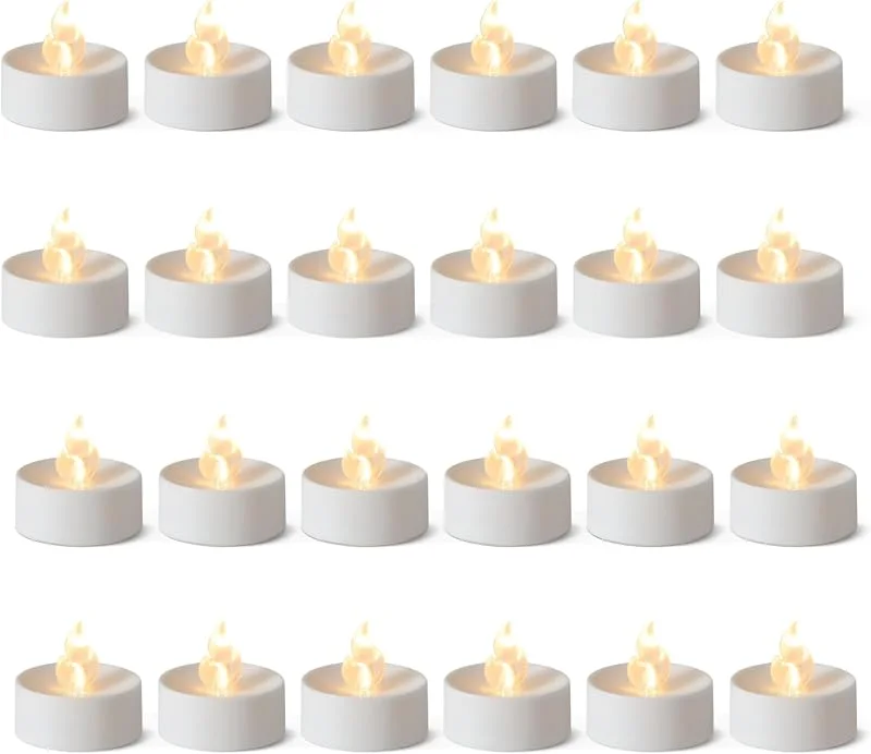 Besuche den Amazon Basics-Store Amazon Basics LED Flammenlose Teelichter, Batteriebetriebene Kerzen, 24er-Pack, 3, 65cm (Ø) x 3, 34cm (H), Schwarz, Weiß — Kerzenlicht Abendessen