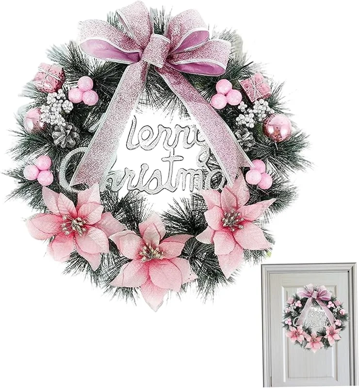 Marke: SunaOmni Weihnachtskränze, 30 cm, Türkranz-Dekoration mit Schleife, Blumen und Kugeln für drinnen und draußen, Rosa — Weihnachtsdeko
