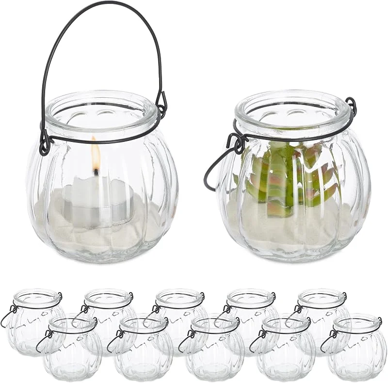 Besuche den Relaxdays-Store Relaxdays Windlicht Glas, 12er Set, Teelichthalter mit Henkel, H x D: 7, 5 x 8 cm, rundes Kerzenglas, transparent — Advent und Tisch