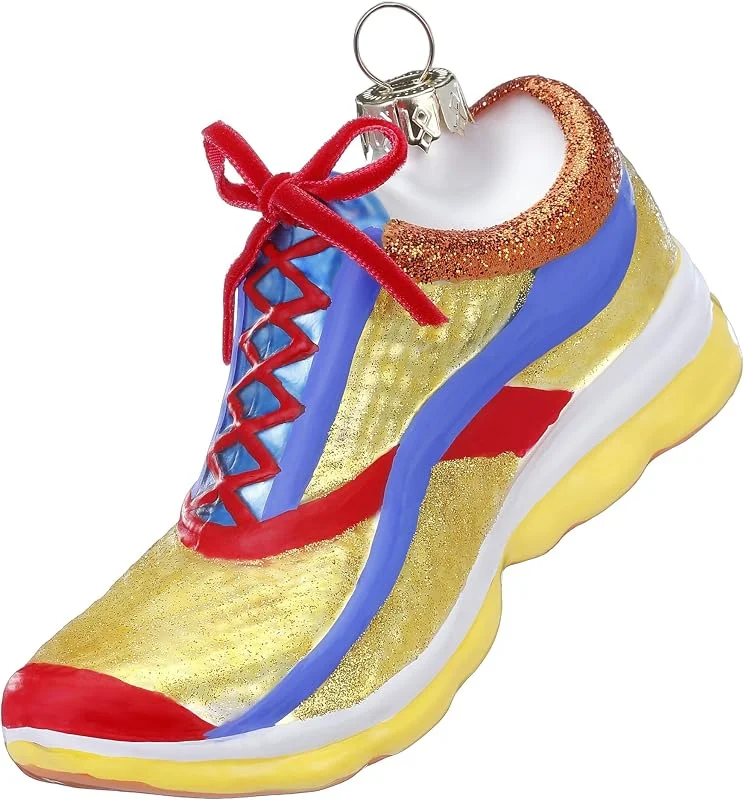 Marke: Holly & Jolly Christbaumschmuck Glas 9cm Laufschuh Sneaker Figur Gold Rot — Weihnachtsdeko