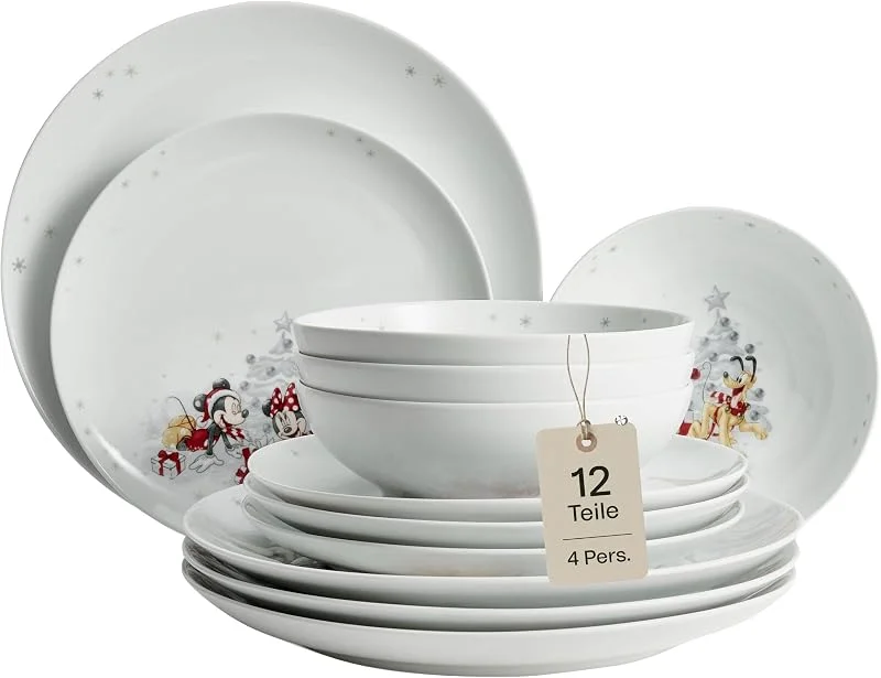 Besuche den Fyrklövern-Store Fyrklövern Disney Winter Geschirr-Set 12-teilig – Speiseservice für 4 Personen inkl. Essteller 27cm, Kuchenteller 22cm & Schalen 18cm – Offiziell Lizenziert – Porzellan Kombiservice — Advent und Tisch