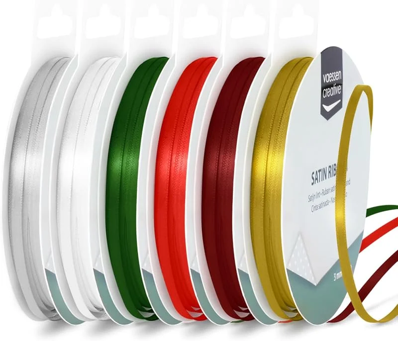 Besuche den Vaessen Creative-Store Vaessen Creative Satinband 3 mm x 10 m - Doppelseitiger Schleifenbänder und Dekoband zum Basteln - Geschenkband und Stoffbänder für Deko und Schateln - Weihnachten Farben Bunt - 6 Stück — Geschenkverpackung