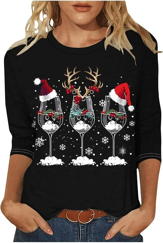Marke: Generisch Generisch Ugly Christmas Sweater Damen 3, 4 Arm Weinglas Druck Weihnachtsshirt Kleidung Xmas Tshirt Frauen Leichte Raglanärmel Weihnachtsoutfit Glitzer Bluse Casual Weihnachten Locker Rundhals — Weihnachtsmode