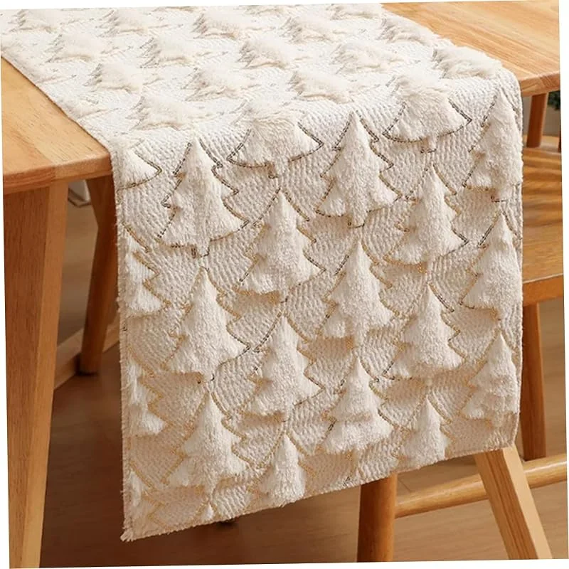 Marke: Obelunrp Weihnachts-Tischläufer, 33 x 183 cm, weiches Plüsch-Baummuster, Weihnachts-Tischset, saisonale Winter-Küche, Esstisch-Dekoration für Zuhause, Party, Beige, Heimdekoration — Küche & Haushalt