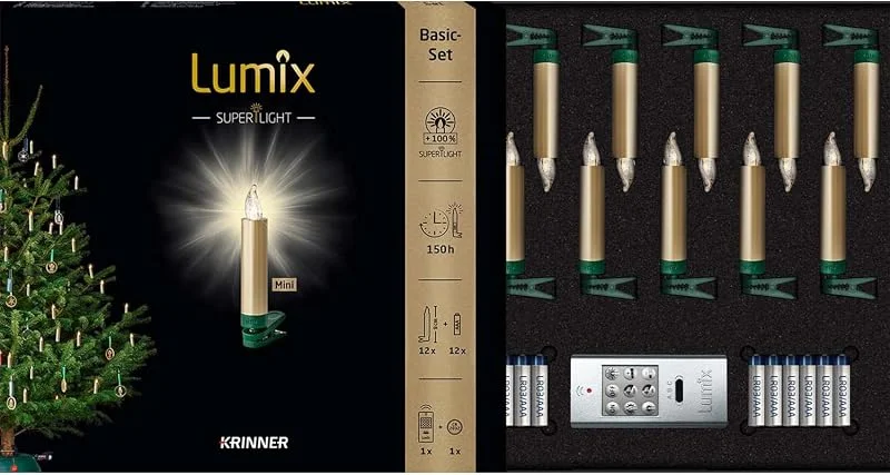Besuche den Lumix-Store Lumix® Kabellose LED Christbaumkerzen SuperLight Mini Metallic Gold 9cm inkl. Fernbedienung und Batterien 12er Basis-Set 75543 — Weihnachtsbeleuchtung