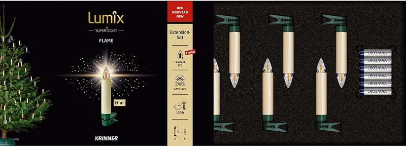 Besuche den Lumix-Store Lumix® SuperLight Flame Mini Elfenbein kabellose LED Christbaumkerzen Warmweiß 9cm ohne Fernbedienung, 4h Ein-, Ausschaltfunktion für Weihnachtsbaum 6er Erweiterungs-Set 77132 — Weihnachtsbeleuchtung