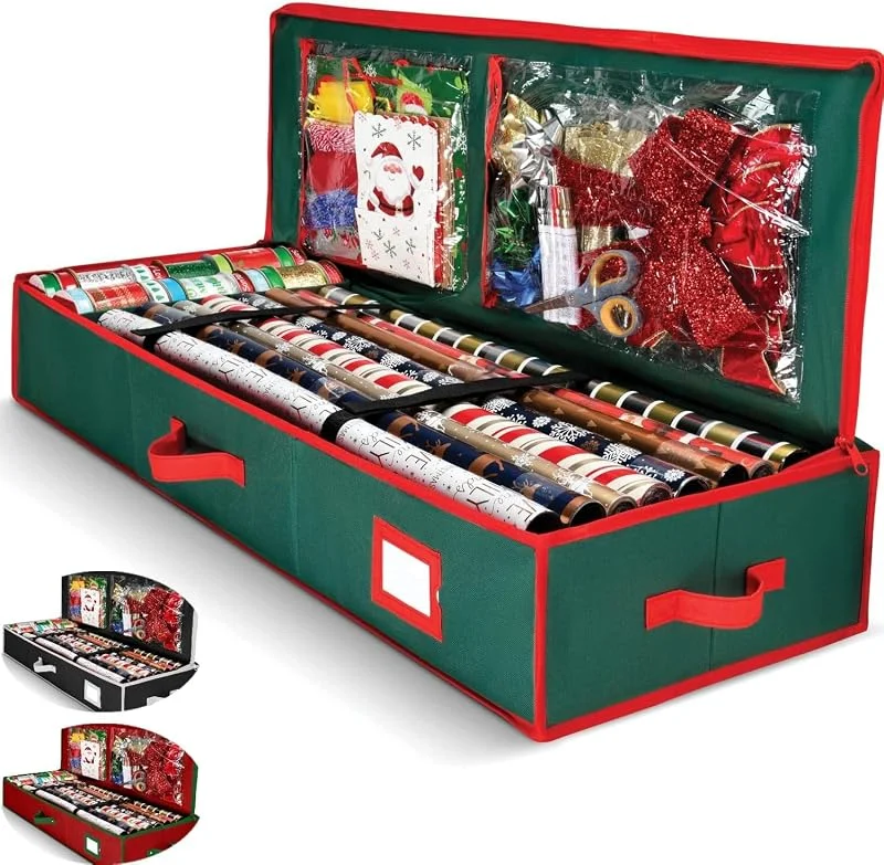 Marke: Homior Premium-Geschenkpapier-Organizer, Weihnachts-Geschenkpapier-Aufbewahrungstasche mit nützlichen Taschen für Weihnachtszubehör, passend für bis zu 24 Rollen, Aufbewahrungsbox mit großer Kapazität, 1 — Geschenkverpackung