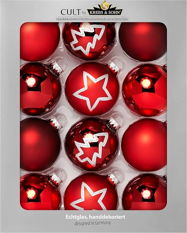 Besuche den KREBS & SOHN-Store KREBS & SOHN 12er Set Glas Christbaumkugeln Heitmann Deco - Weihnachtsbaum Deko zum Aufhängen - Weihnachtskugeln 8 cm - Rot Sterne, 12er Set (5, 7 cm) — Weihnachtsdeko