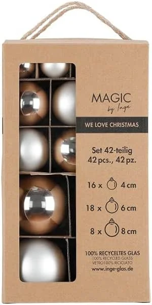 Marke: MAGIC by Inge Magic by Inge - 42er Set Weihnachtskugeln aus gefrostetem Silber Ø 4 cm, 6 cm und 8 cm, Christbaumschmuck aus Glas — Weihnachtsdeko