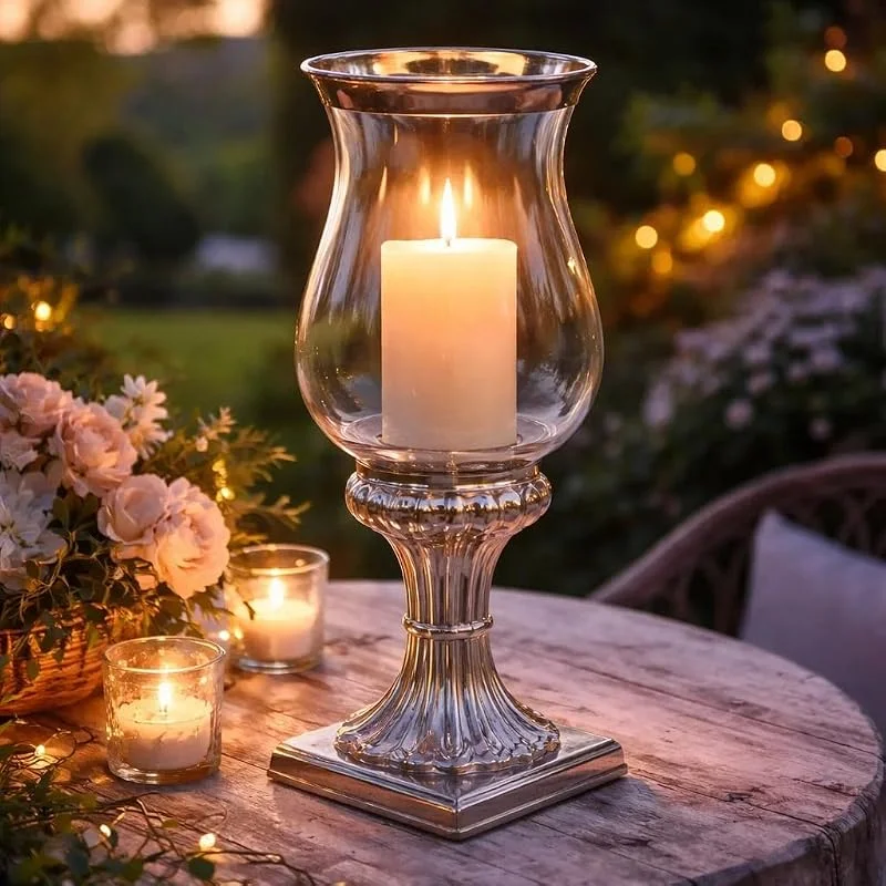 Besuche den DRULINE-Store Kerzenhalter Groß 50 cm Glas & Keramik Silber Windlicht Säule Vintage Deko — Kerzenlicht Abendessen