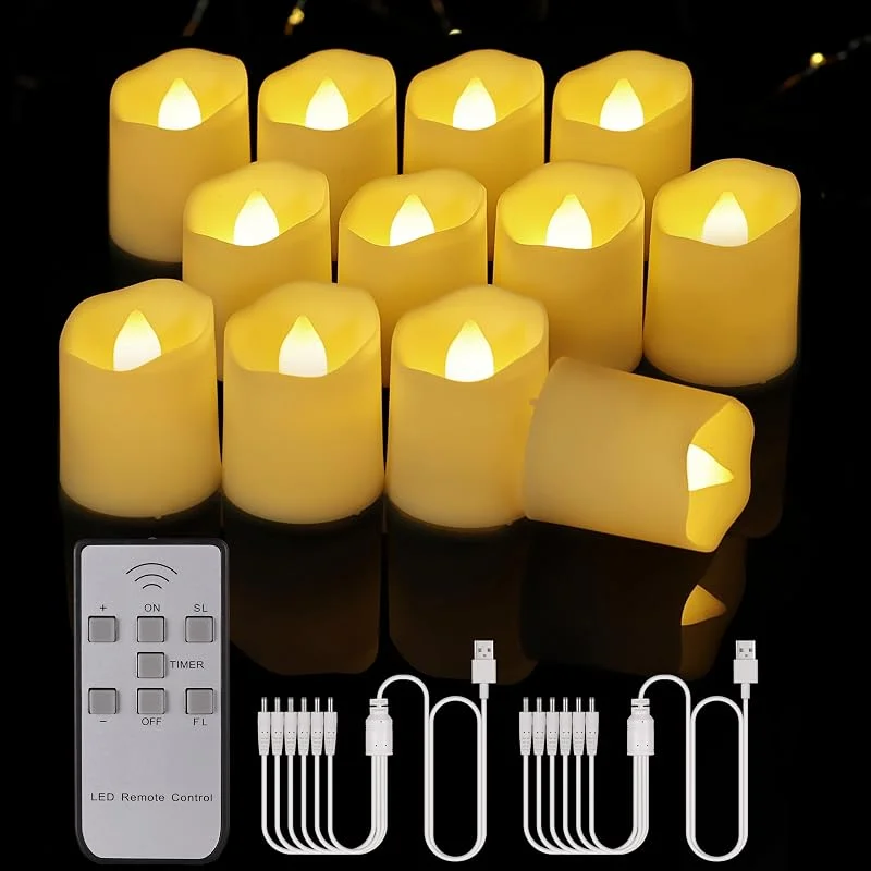 Besuche den Porashine-Store Wiederaufladbare Teelichter 12 Stück LED Kerzen Flackernd warmweiß, RGB mit Fernbedienung Timer USB Kabel 3D flammenlose für Zuhause Halloween Weihnachtsdeko — Kerzenlicht Abendessen