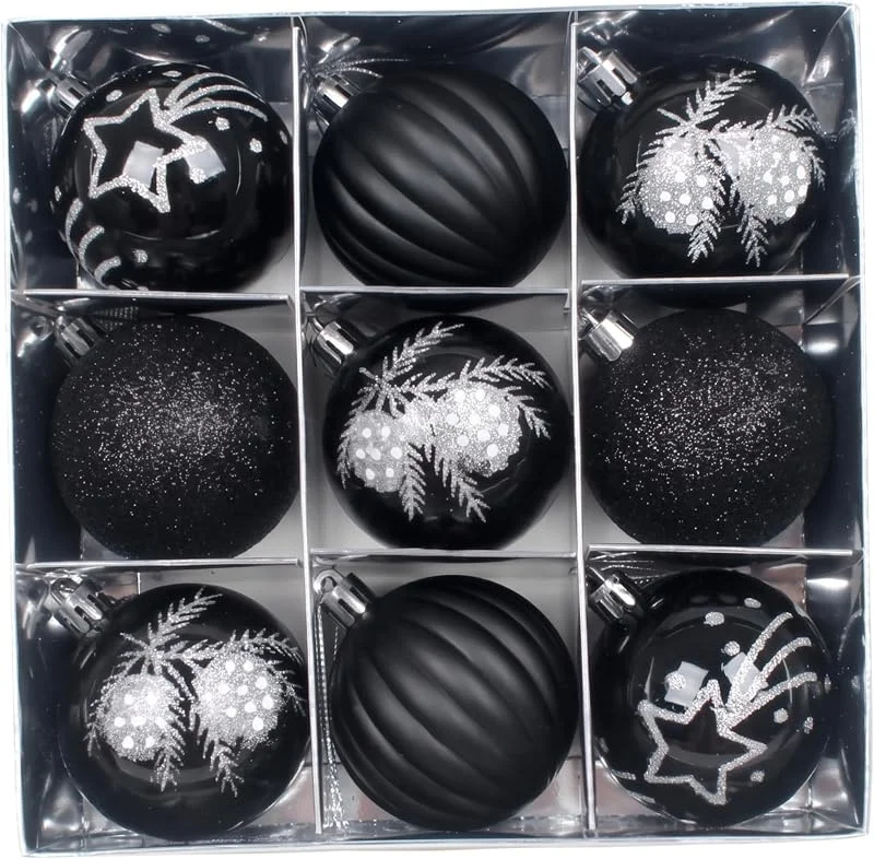 Marke: Bemonew Weihnachtsbaumschmuck-Set, bruchsichere Kugeln, Schwarz, 9 Stück — Weihnachtsdeko