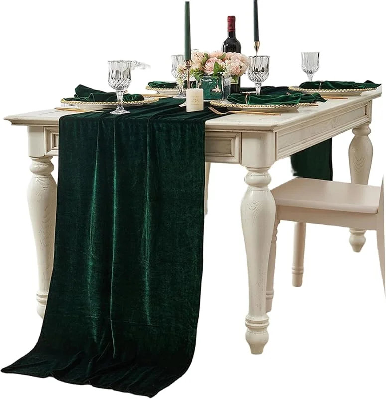 Marke: Hilai Weihnachtsdekorationen, Samt-Tischläufer, 29 x 120 Zoll lang, eleganter Weihnachts-Tischläufer, luxuriöse romantische Tischdecke für Hochzeitsempfang, Geburtstagsdekoration, dunkelgrün — Küche & Haushalt