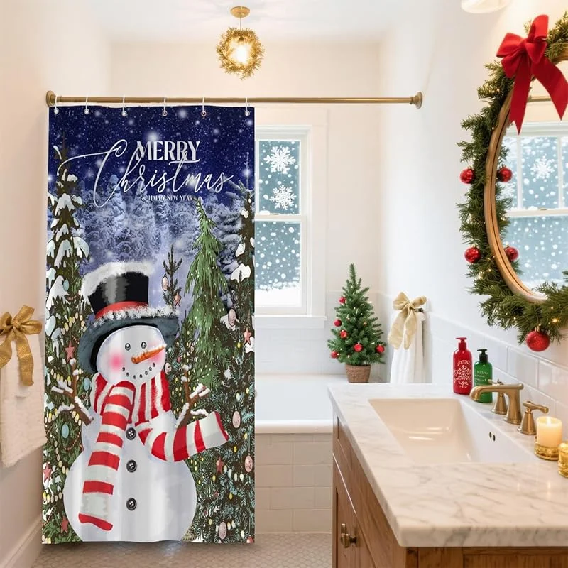 Marke: Caaerttply Duschvorhang mit Weihnachtsschneemann-Motiv, 72 x 72 cm, Stoff, dunkelblau, Winterwald, Duschvorhang-Set für Badezimmer, Dekoration, mit Haken, wasserdicht, Urlaubsdekorationen, maschinenwaschbar — Weihnachtsdeko