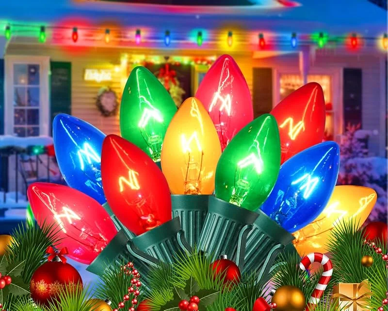 Marke: Pasuto C7 mehrfarbige Weihnachtsbeleuchtung für den Außenbereich, Vintage-Weihnachtslicht-Draht mit 55 klaren, bunten Glühbirnen (5 Ersatz), Outdoor-Lichterkette für Weihnachtsbaum, Haus, Hof, Hochzeit
