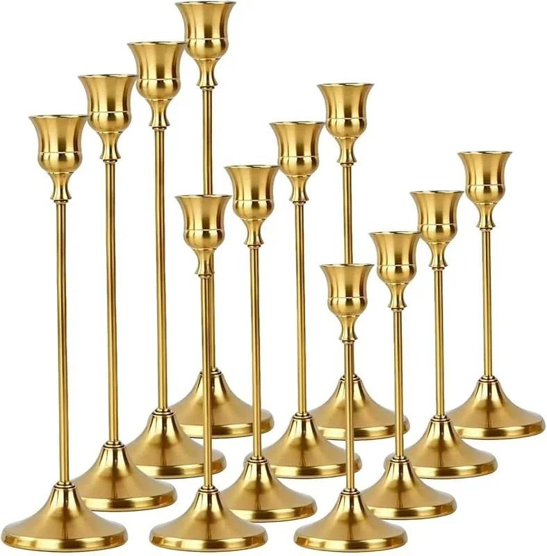 Marke: PAppositus Kerzenständer Gold 12er-Set, 3 Größen, Vintage Stabkerzenhalter, Tischdeko — Kerzenlicht Abendessen