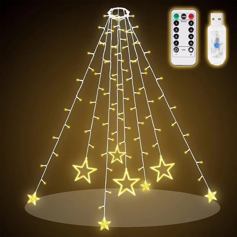 Besuche den SALCAR-Store SALCAR 1, 5m Christbaumbeleuchtung mit Ring & Sterne, 148 LED 8 Girlanden — Weihnachtsbeleuchtung