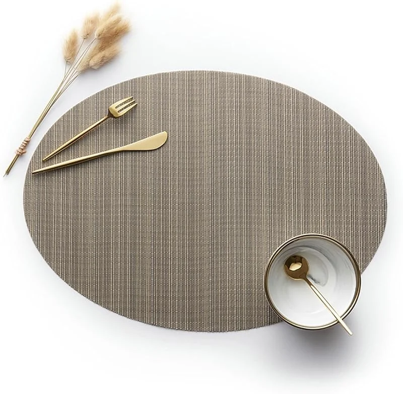Besuche den Epinki-Store Epinki Tischset Abwaschbar Modern Oval, 2Pcs Set 45x32.5CM Platzdeckchen Abwaschbar Vintage Oval mit Horizontale Streifen aus 70% Vinyl 30% Polyester, Tischuntersetzer Weihnachten Hell Braun — Küche & Haushalt