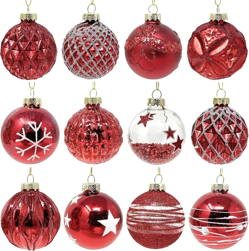 Besuche den TOBJA-Store Weihnachtsbaumkugeln Rot aus Glas 12er Set - Moderne Weihnachtskugeln handbearbeitet, Wunderschöner Christbaumschmuck gemischt 6cm, Edle Christbaumkugeln für Weihnachtsbaum (Rot) — Weihnachtsdeko