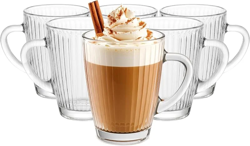 Besuche den Glasmark KROSNO 1992-Store Glasmark KROSNO 1992 Gläser Set 250 ml - 6 Trinkgläser mit Henkel - geriffelte Kaffeegläser für Cappuccino, Latte Macchiato, Tee und Matcha - spülmaschinengeeignet — Wein und Festtafel
