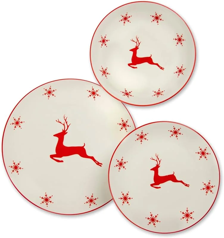 Besuche den Excelsa-Store Excelsa Nordic Christmas Porzellanteller-Set mit Weihnachtsmotiv, 18-teilig, Rentier und rote Schneeflocken, spülmaschinenfest — Advent und Tisch