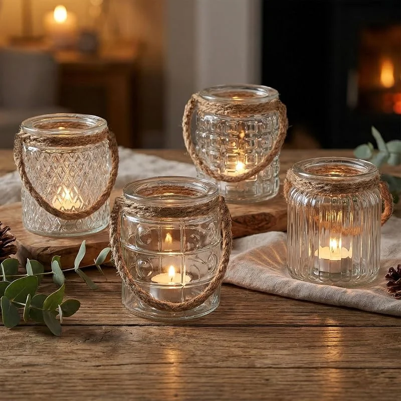 Besuche den levandeo-Store 4er Set Windlicht Klar Glas H10cm Teelichthalter Tischdeko Kerzen Deko Retro Transparent Kerzenhalter Flachs — Kerzenlicht Abendessen